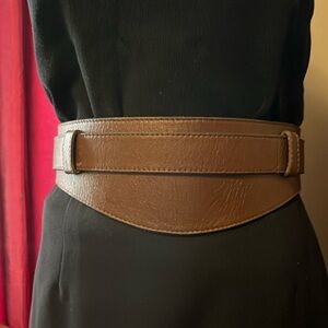 Elie Tahari Brown Leather Belt with Gold Buckle